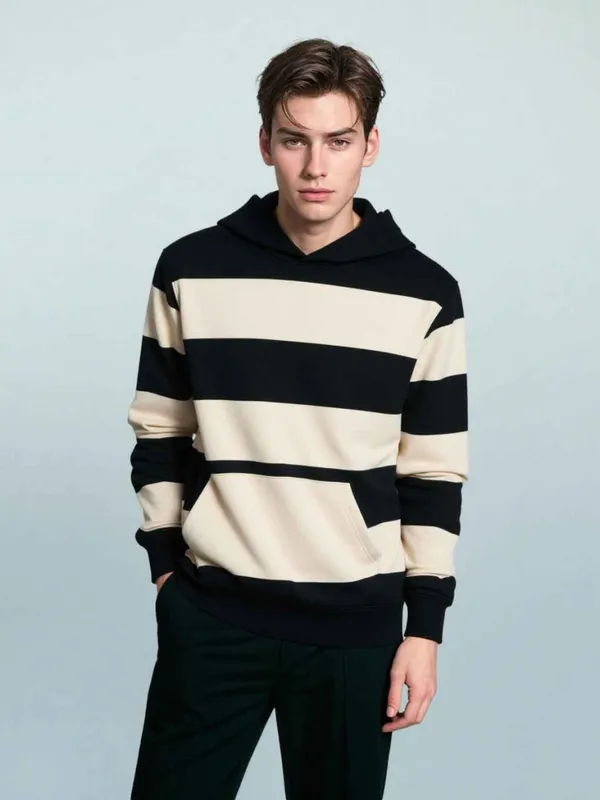 Black_And_Off_White_Striped_Casual_Hoodie_For_Men