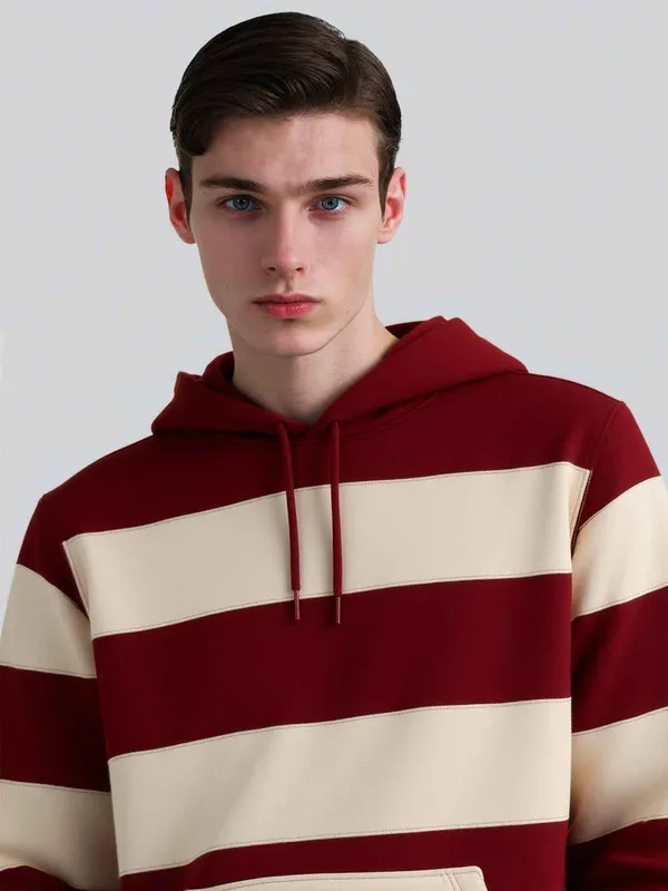 Maroon_And_Off_White_Striped_Casual_Hoodie_For_Men