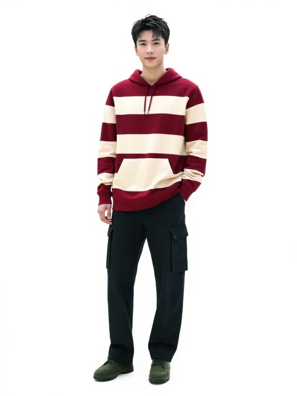 Maroon_And_Off_White_Striped_Casual_Hoodie_For_Men