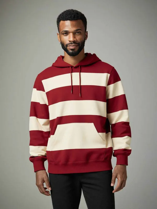 Maroon_And_Off_White_Striped_Casual_Hoodie_For_Men