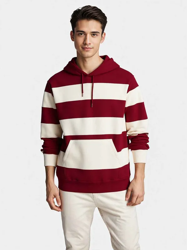 Maroon_And_Off_White_Striped_Casual_Hoodie_For_Men