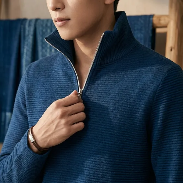 Navy_Blue_Form_Knit_Quarter_Zip_Pullover_For_Men