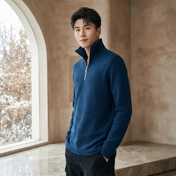 Navy_Blue_Form_Knit_Quarter_Zip_Pullover_For_Men