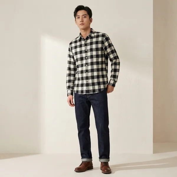 Black_And_White_Ashwood_Check_Heavyweight_Brushed_Cotton_Flannel_Casual_Shirt_For_Men