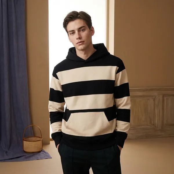 Black_And_Off_White_Striped_Casual_Hoodie_For_Men
