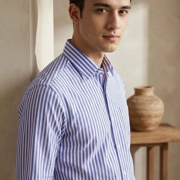 Blue_Classic_Stripe_Casual_Shirt_100_Cotton_Chambray_For_Men
