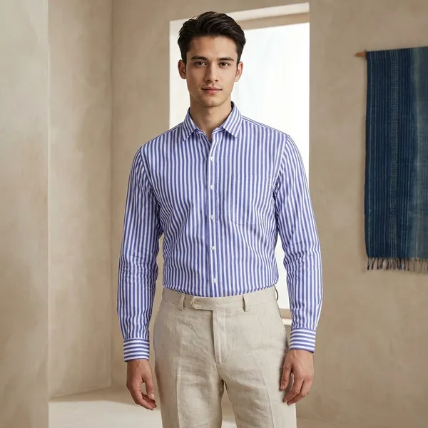 Blue_Classic_Stripe_Casual_Shirt_100_Cotton_Chambray_For_Men