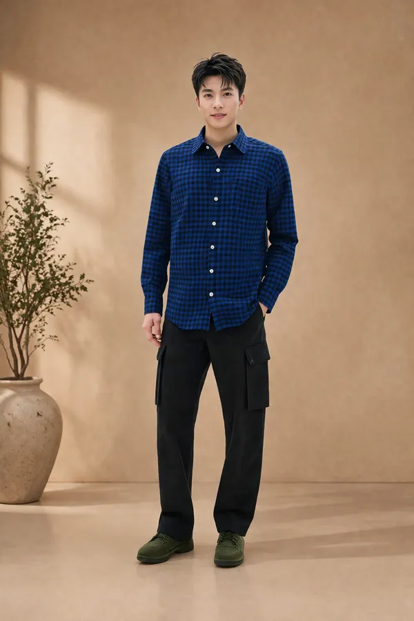 Blue_Micro_Gingham_Casual_Shirt_For_Men