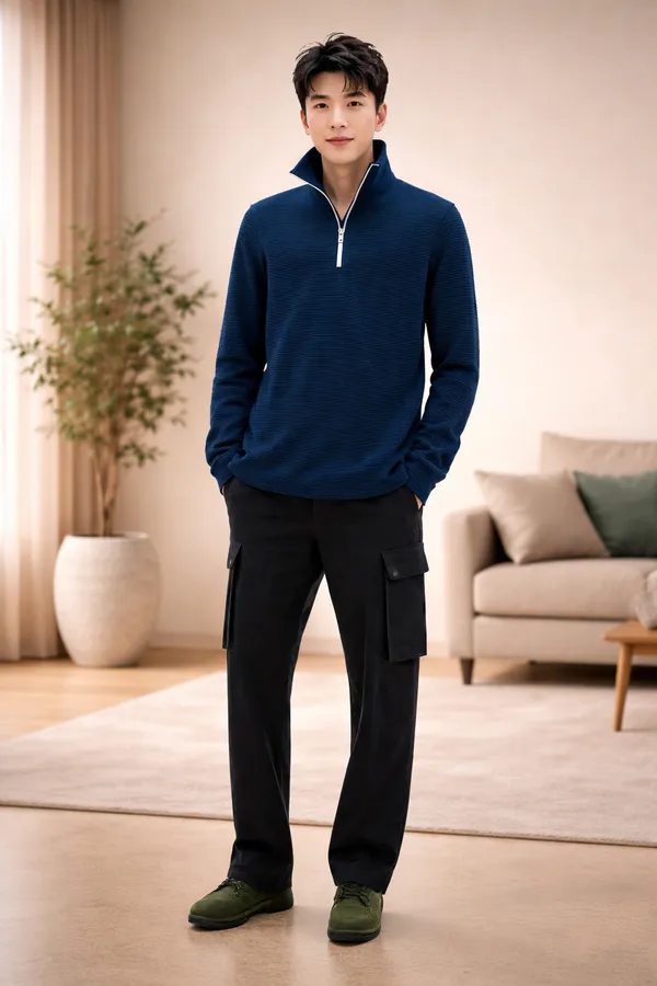 Navy_Blue_Form_Knit_Quarter_Zip_Pullover_For_Men