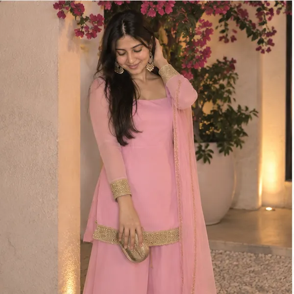 Baby_Pink_Georgette_Gold_Zari_Border_Straight_Kurta_With_Wide_Leg_Palazzo_And_Dupatta_Set