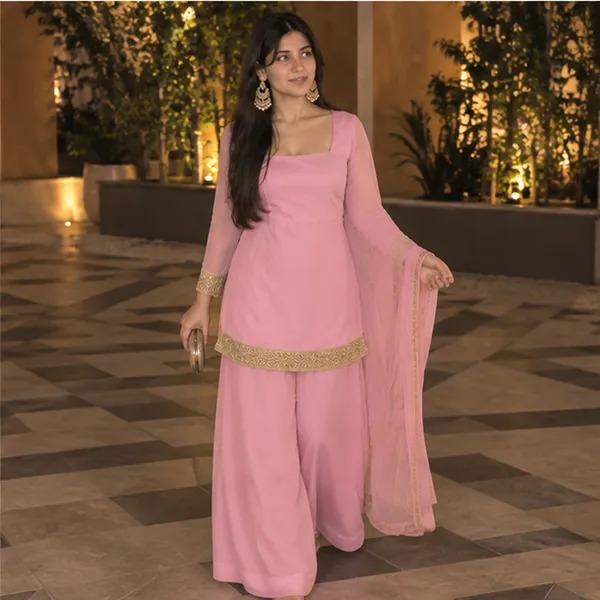 Baby_Pink_Georgette_Gold_Zari_Border_Straight_Kurta_With_Wide_Leg_Palazzo_And_Dupatta_Set