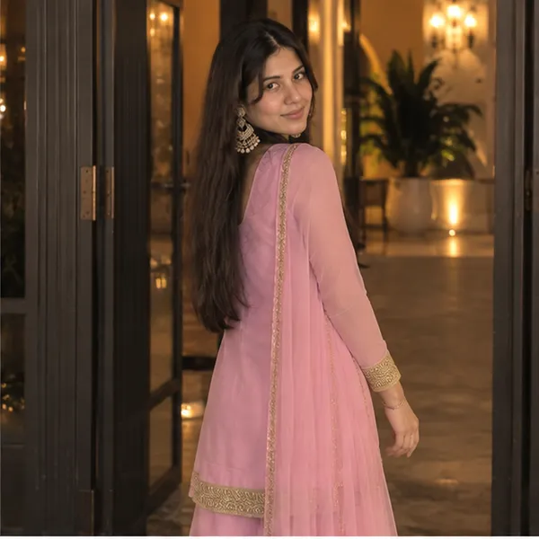Baby_Pink_Georgette_Gold_Zari_Border_Straight_Kurta_With_Wide_Leg_Palazzo_And_Dupatta_Set