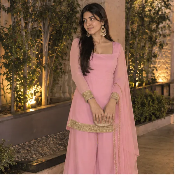 Baby_Pink_Georgette_Gold_Zari_Border_Straight_Kurta_With_Wide_Leg_Palazzo_And_Dupatta_Set