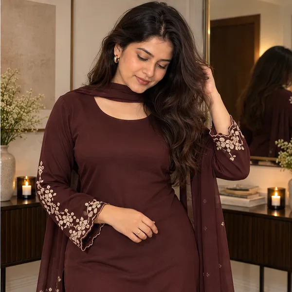 Coffee_Brown_Floral_Embroidered_Straight_Kurta_With_Sharara_And_Net_Dupatta_Set