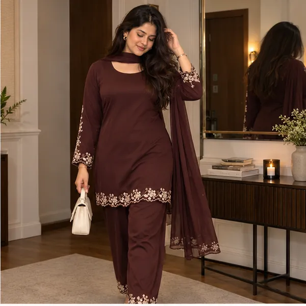 Coffee_Brown_Floral_Embroidered_Straight_Kurta_With_Sharara_And_Net_Dupatta_Set