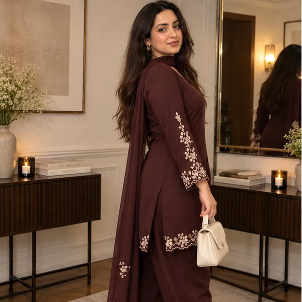Coffee_Brown_Floral_Embroidered_Straight_Kurta_With_Sharara_And_Net_Dupatta_Set