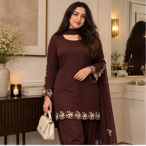 Coffee_Brown_Floral_Embroidered_Straight_Kurta_With_Sharara_And_Net_Dupatta_Set