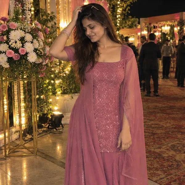 Dark_Pink_Georgette_Sequin_Embroidered_Straight_Kurta_With_Wide_Leg_Palazzo_And_Dupatta_Set