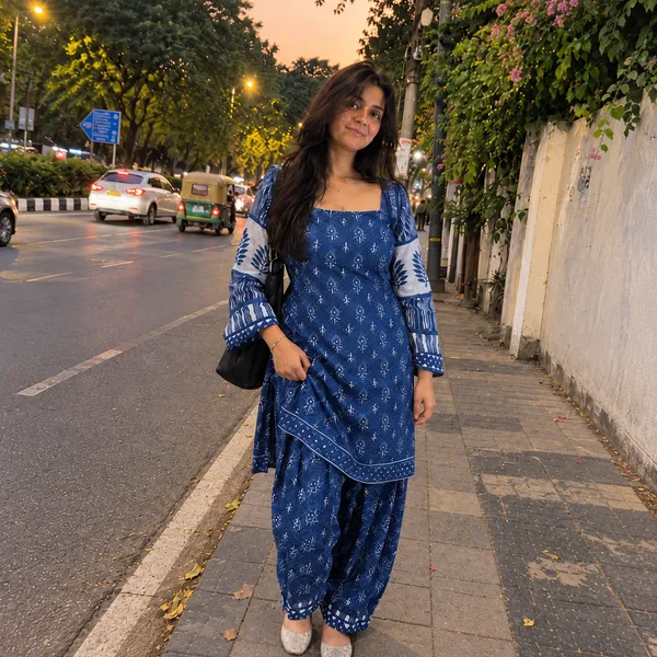 Indigo_Blue_Cotton_Block_Print_Contrast_Sleeve_Kurta_With_Patiala_And_Dupatta_Set