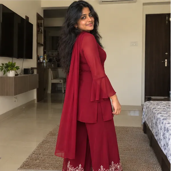 Maroon_Embroidered_V_Neck_Straight_Kurta_With_Flared_Sleeves_And_Dupatta_Set