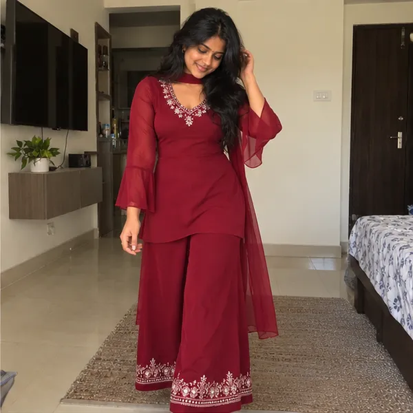 Maroon_Embroidered_V_Neck_Straight_Kurta_With_Flared_Sleeves_And_Dupatta_Set