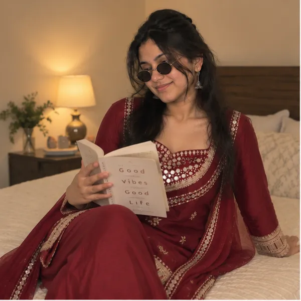 Maroon_Georgette_Mirror_Work_Embroidered_Kurta_With_Wide_Leg_Palazzo_And_Dupatta_Set