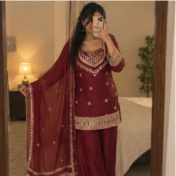 Maroon_Georgette_Mirror_Work_Embroidered_Kurta_With_Wide_Leg_Palazzo_And_Dupatta_Set
