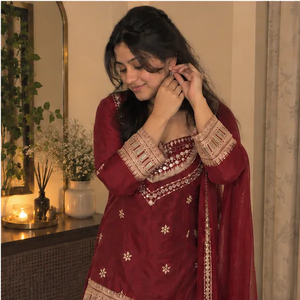 Maroon_Georgette_Mirror_Work_Embroidered_Kurta_With_Wide_Leg_Palazzo_And_Dupatta_Set