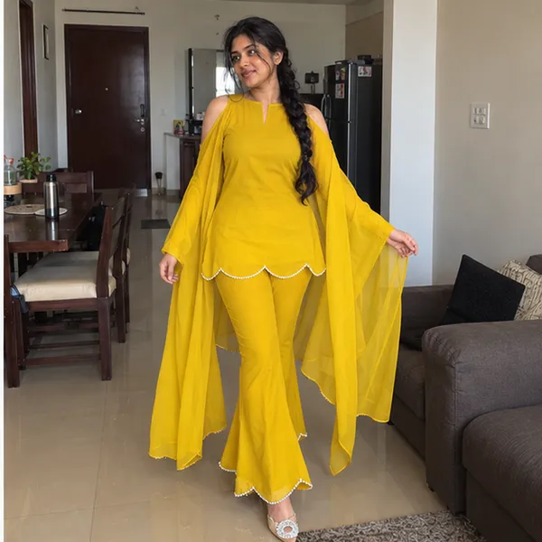 Mustard_Yellow_Cold_Shoulder_Straight_Kurta_With_Pearl_Lace_Hem_And_Pant_Set