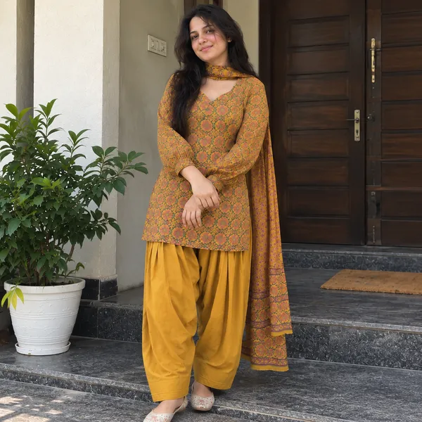 Mustard_Yellow_Medallion_Print_Cotton_Kurta_With_Patiala_Salwar_And_Dupatta_Set