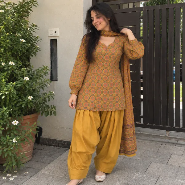 Mustard_Yellow_Medallion_Print_Cotton_Kurta_With_Patiala_Salwar_And_Dupatta_Set