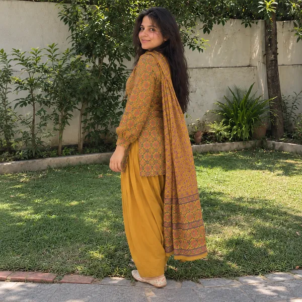 Mustard_Yellow_Medallion_Print_Cotton_Kurta_With_Patiala_Salwar_And_Dupatta_Set
