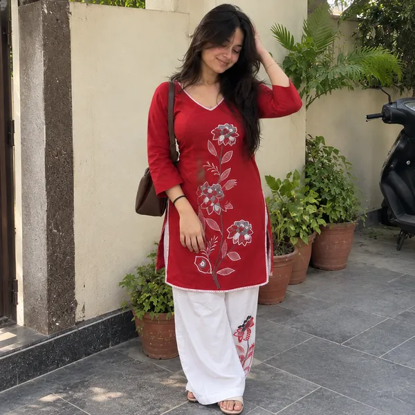 Red_Cotton_Floral_Embroidered_Straight_Kurta_With_Printed_White_Palazzo_Set