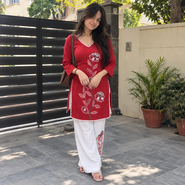 Red_Cotton_Floral_Embroidered_Straight_Kurta_With_Printed_White_Palazzo_Set
