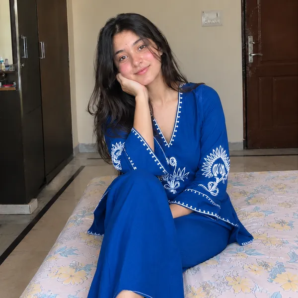 Royal_Blue_Cotton_White_Floral_Embroidered_V_Neck_Kurta_With_Wide_Leg_Palazzo_Set