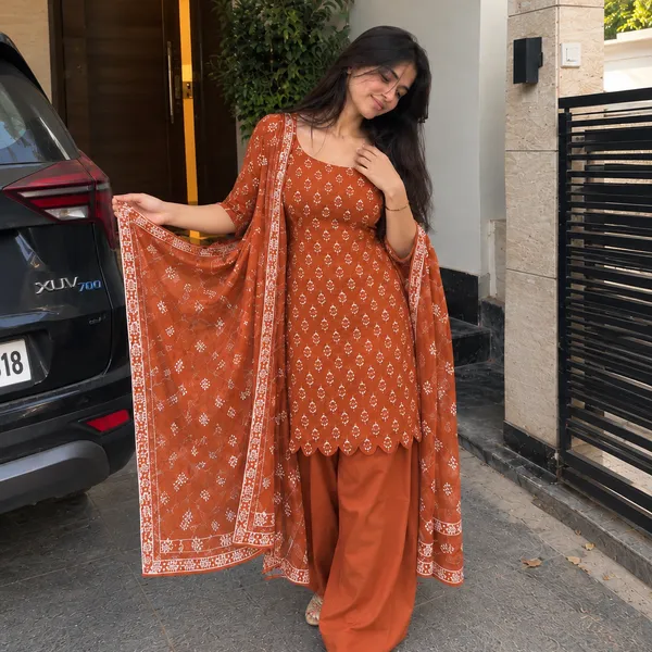 Rust_Orange_Cotton_Floral_Buti_Printed_Scallop_Hem_Kurta_With_Patiala_And_Dupatta_Set
