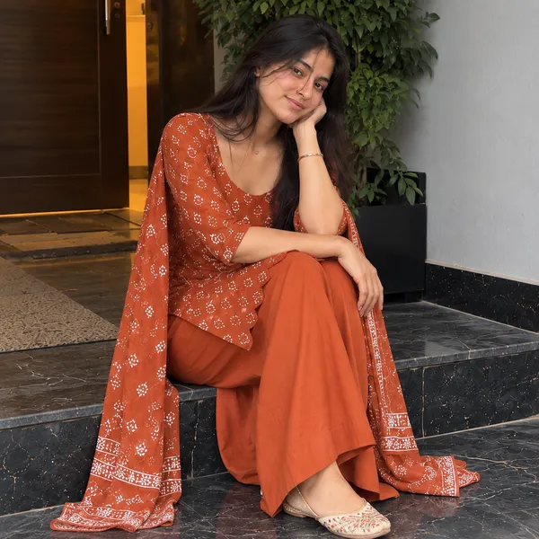 Rust_Orange_Cotton_Floral_Buti_Printed_Scallop_Hem_Kurta_With_Patiala_And_Dupatta_Set