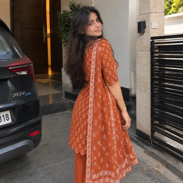 Rust_Orange_Cotton_Floral_Buti_Printed_Scallop_Hem_Kurta_With_Patiala_And_Dupatta_Set
