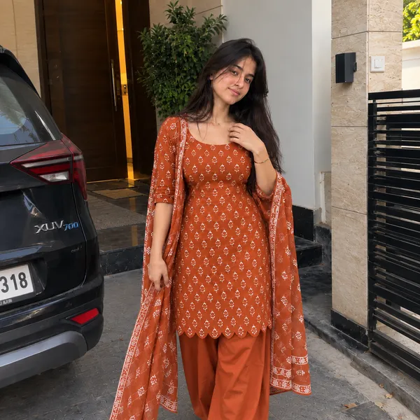 Rust_Orange_Cotton_Floral_Buti_Printed_Scallop_Hem_Kurta_With_Patiala_And_Dupatta_Set