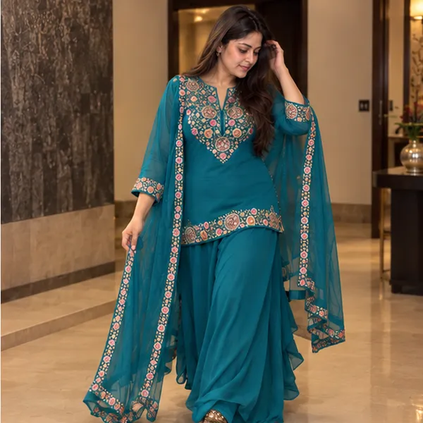 Teal_Blue_Floral_Yoke_Embroidered_Straight_Kurta_With_Embroidered_Dupatta_Set
