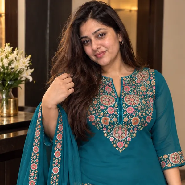 Teal_Blue_Floral_Yoke_Embroidered_Straight_Kurta_With_Embroidered_Dupatta_Set
