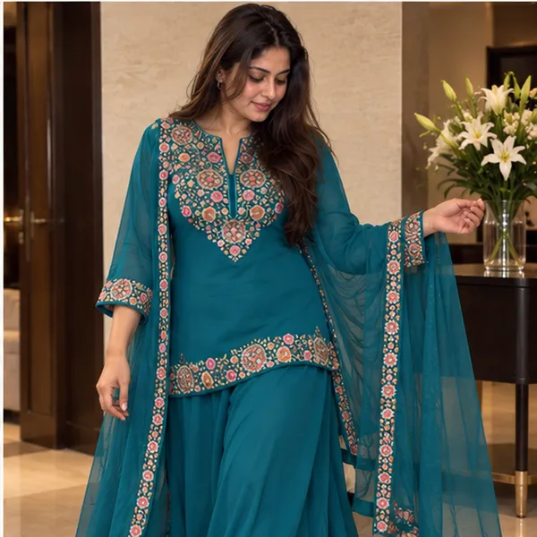 Teal_Blue_Floral_Yoke_Embroidered_Straight_Kurta_With_Embroidered_Dupatta_Set
