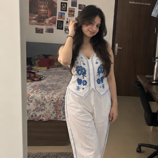 White_Cotton_Blue_Floral_Embroidered_Sleeveless_Top_With_Straight_Pant_Co-Ord_Set