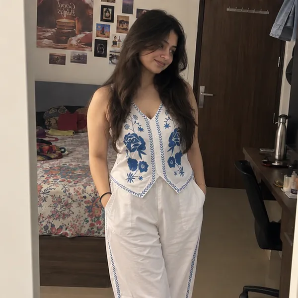 White_Cotton_Blue_Floral_Embroidered_Sleeveless_Top_With_Straight_Pant_Co-Ord_Set