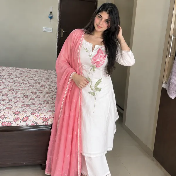 White_Cotton_Floral_Embroidered_Straight_Kurta_With_Palazzo_And_Pink_Chikankari_Dupatta_Set
