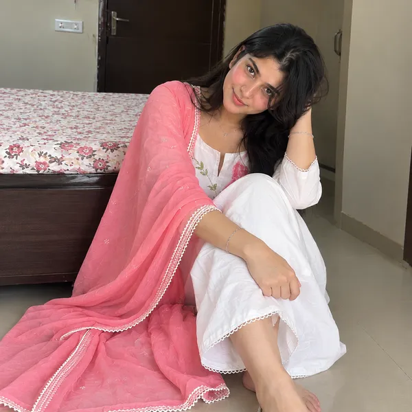 White_Cotton_Floral_Embroidered_Straight_Kurta_With_Palazzo_And_Pink_Chikankari_Dupatta_Set