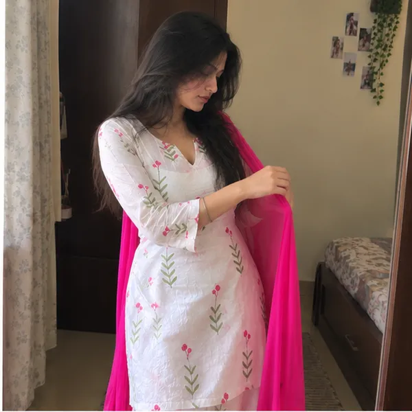 White_Cotton_Pink_Floral_Print_Straight_Kurta_With_Palazzo_And_Hot_Pink_Dupatta_Set