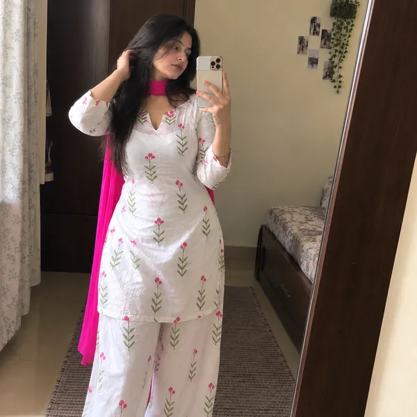 White_Cotton_Pink_Floral_Print_Straight_Kurta_With_Palazzo_And_Hot_Pink_Dupatta_Set