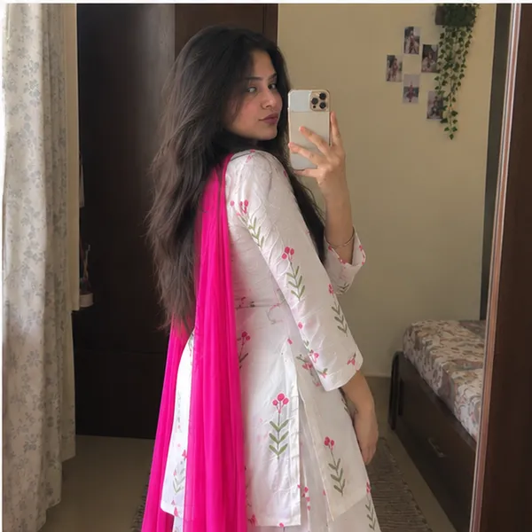 White_Cotton_Pink_Floral_Print_Straight_Kurta_With_Palazzo_And_Hot_Pink_Dupatta_Set