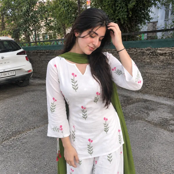 White_Cotton_Scatter_Floral_Print_Straight_Kurta_With_Palazzo_And_Olive_Green_Dupatta_Set